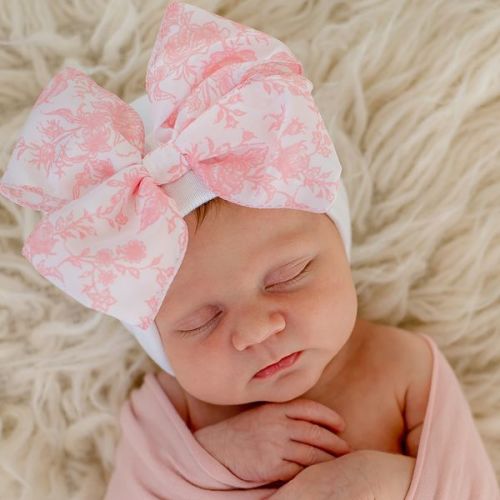 Pink Floral Toile Bow Newborn Girl Hospital Hat - ilybean nursery beanies