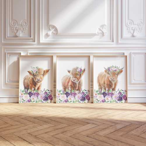 Highland Cow Nursery Art: Purple Flowers, Boho Farmhouse (Digital Download)