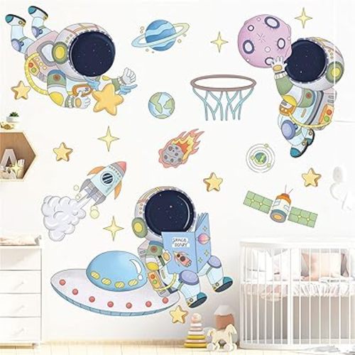 WAFT YEARN Astronaut Universe Outer Space Moon Star Space Ship Wall Decal Removable Wall Sticker Decor for Nursery Classroom Bedroom Bathroom Boys Girls Room Playroom Colorful Peel and Stick Decals