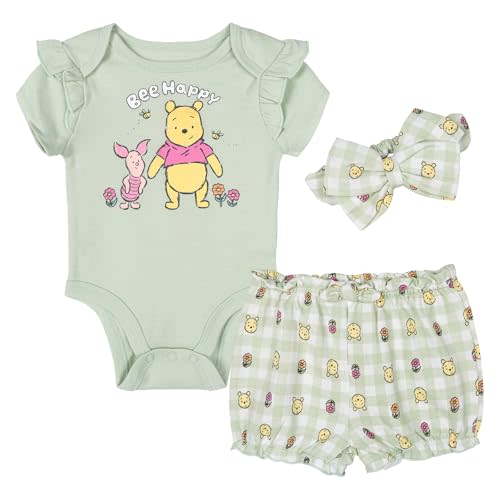 Disney Baby Girls Bodysuit, French Terry Bubble Shorts & Headband 3 Piece Outfit Set Newborn to Infant Sizes (0-24 Months)