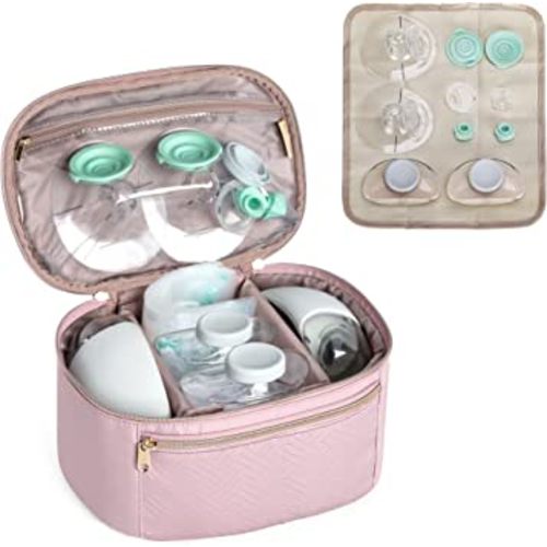 Fasrom Wearable Breast Pump Bag Compatible with Momcozy, Medela and Elvie Hands Free Pumps, Portable Carrying Case with Waterproof Mat for Working Moms Travel, Pink (Bag Only, Patent Pending)