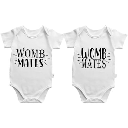 2-Pack Baby Twins Bodysuits Womb Mates Newborn Cotton Short Sleeve Funny Outfits Infant Twin Unisex Romper 0-12M