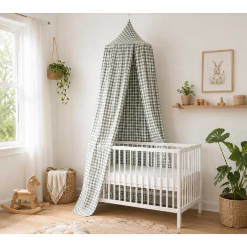 Sage Green Gingham Cotton Bed Canopy for Crib or Toddler Bed, Nursery Decor