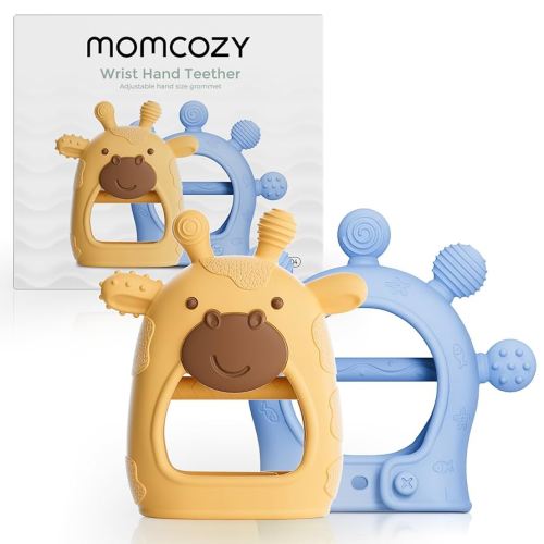 Momcozy Baby Teether Toys | Food Grade Silicone Teething Relief 0-6 Months | Teething Toy 6-12 Months | Baby Essential | Yellow and Blue