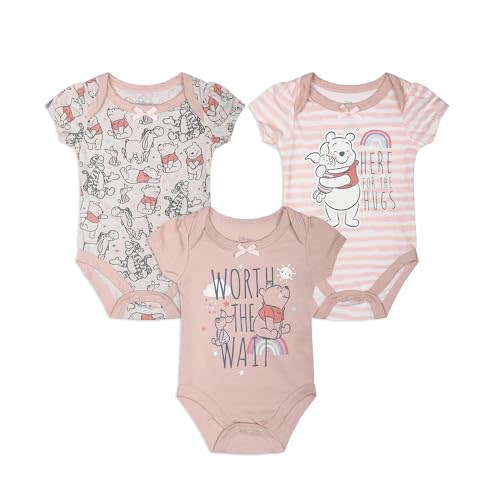 Disney Girls’ Dumbo, Princess Or Winnie The Pooh 3 Pack Bodysuit for Newborn – Pink/Grey or Pink/Green/Grey or Pink/Beige