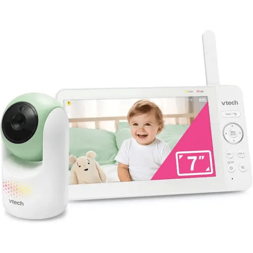 VTech Baby Monitor No WiFi, 7" IPS Screen, 5000mAh 12Hr Battery, 360° Pan Tilt Zoom, Night Vision, Multi-Color Night Light, 2-Way Talk| Advanced Max Green