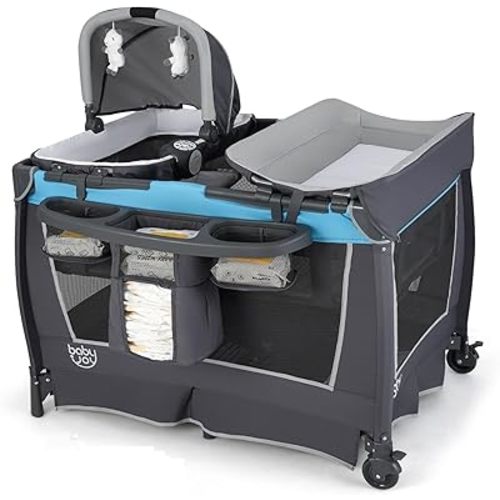 BABY JOY 5 in 1 Pack and Play, Portable Nursery Center Baby Playard w/Bassinet & Diaper Changing Table, Infant Bassinet Activity Center with Toys, Music, Oxford Bag for Toddlers (Royal Blue, Classic)
