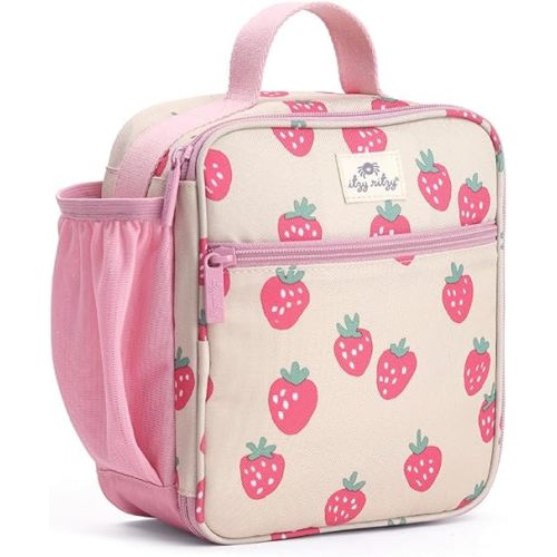 Itzy Ritzy Toddler Lunch Box - Kids Lunch Bag is Insulated and Includes Water Bottle Holder Plus 2 Pockets - Durable, Easy to Clean Toddler Bag (Strawberry)
