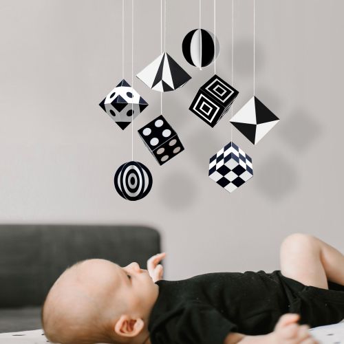 Black and white Montessori mobile. Hanging toy for baby development. Munari mobile for newborn. Early learning mobile