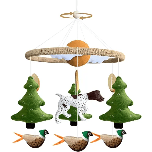 Baby Mobile for Crib Hunting Baby Crib Mobile for Boys Girls Handmade Felt Woodland Nursery Decor Infant Bedroom Hanging Pheasant Dog Hunting Decor for Bassinet Gender Reveal Newborn Gifts