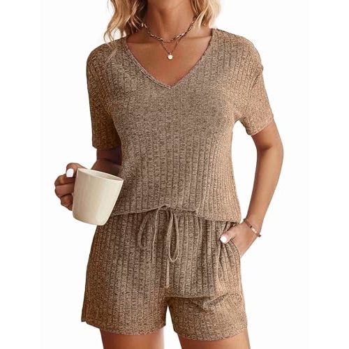 Ekouaer Womens Ribbed Knit Lounge Set Short Sleeve Top and Shorts Sleepwear Pajama Set Two Piece Shorts Outfits Set