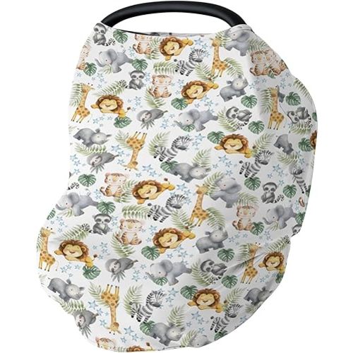 Jungle Friends Baby Car Seat Covers Safari Lion Giraffe Elephant Tropical Leaves Stretchy 5-in-1 Cover Adjustable Infant Carseat Cover Canopy Watercolor African Animals Breathable Nursing Cover-Up