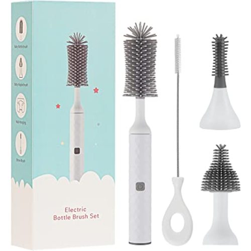 Electric Baby Bottle Brush Set with Electric Bottle Brush and Silicone Bottle/Nipple Brush, Long Straw Cleaner, Rechargeable Bottle Cleaner Electric,Waterproof Water Bottle Cleaner,White