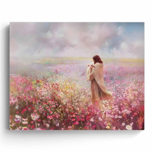 Jesus Holding Lamb Canvas Art: Pastel Floral Christian Print