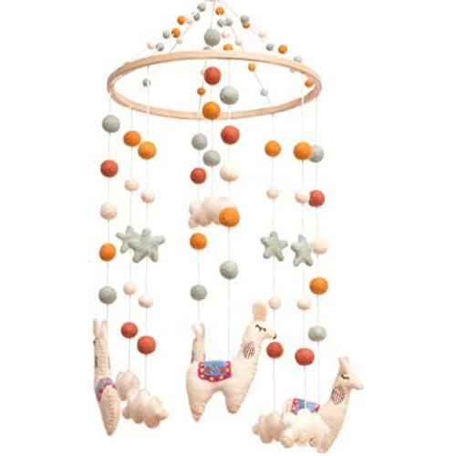 Glaciart One Llama Nursery Mobile - Colorful Decor for Crib, Baby Rooms - Handmade, Child-Safe Wood, Felt Wool & Cotton - Woodland Themed Decoration for Girls & Boys - 10x20Inch, 50Inch Hanging String