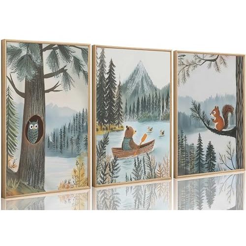 3Pcs Woodland Animal Nursery Canvas Wall Art Cute Watercolor Forest Wild Animals Bear Owl Squirrel Painting Picture Wall Decor Poster Print Artwork for Boy Girl Kids Bedroom Home Decoration Unframed