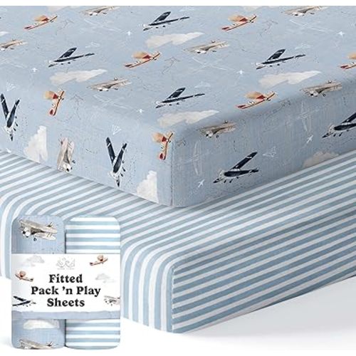 Pack and Play Sheets Fitted, Mini Crib Sheets for Graco Pack N Play Playard (38x26), Ultra Soft Cotton Blend, Safe & Snug Playpen Mattress Sheet for Baby Boys Girls, Airplane in The Clouds, 2-Pack