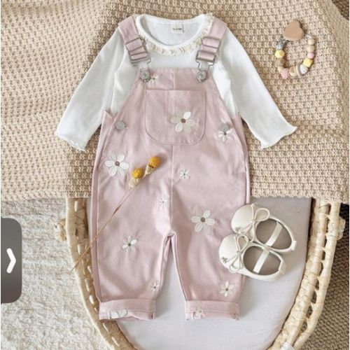 Baby Girls' Casual Allover Embroidered Floral Light Blue Suspender Pants, Summer | SHEIN USA