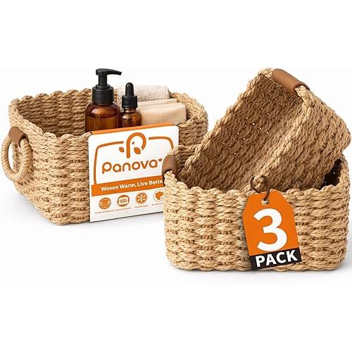Storage Basket, Recycled Paper Rope Basket Organizer, 3Pcs Small Baskets for Organizing, Mini wicker Basket for Decorative Storage Bins, Shelves, Cabinet - Brown