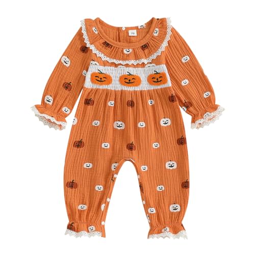 Newborn Baby Girl Halloween Outfit Doll Collar Pumpkin Jumpsuit Romper Ruffle Sleeve Bodysuit Long Overalls with Bow