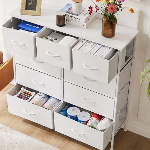 CONCETTA 9-Drawer Fabric Dresser Storage Chest for Bedroom, Closet, Storage Furniture for Adults, White