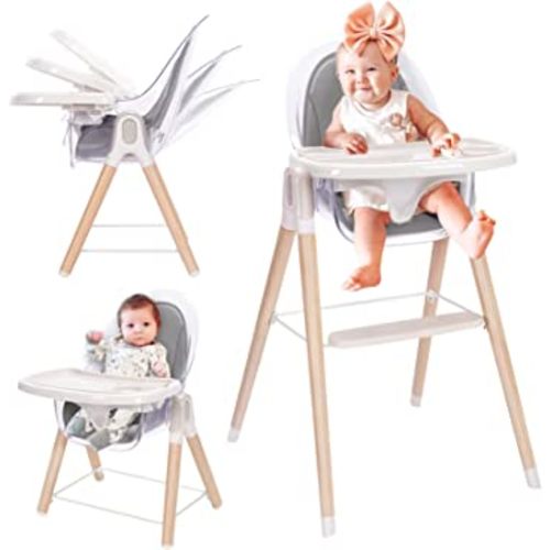Baby High Chair, 6-in-1 Convertible Wooden High Chair, Recline Chair with Adjustable Hardwood Leg, High Chairs for Babies and Toddlers, Double Dishwasher Safe Tray & Premium Leatherette