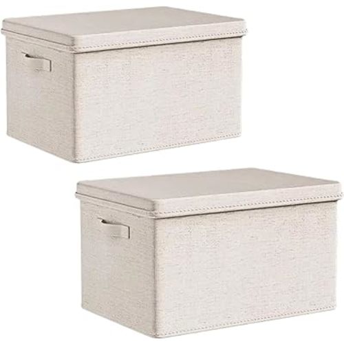 Fabric Storage Bins with Lids 14.6*10.6*10.2 in, 2-Pack Storage Baskets for Closet, Large Linen Organizers and Storage Bins for Bedroom, Collapsible Baskets and Bins with Handles, Off White