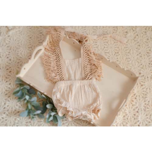 RTS Boho Sitter Neutral Romper, Baby girl outfit, Sitter (9–12-month-old)