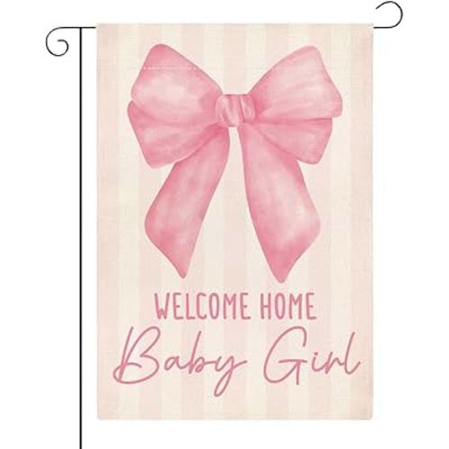 Welcome Home Baby Girl Garden Flag for Yard Outside Pink Bow Baby Shower Announcement Gender Reveal Newborn Baby Double Sided Garden Flag 12 x18 inches