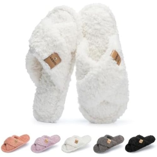 GOEWY Fuzzy Open Toe Slippers for Women Cozy Memory Foam House Shoes Indoor