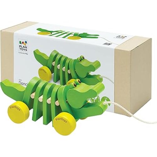PlanToys® Dancing Alligator Pull Toy for Toddlers | Eco-Friendly Wood Toy with Click-Clack Sound | Walking Toy for Babies