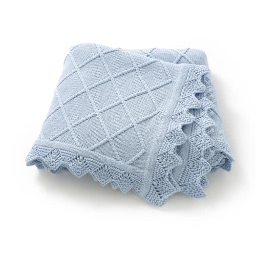 Hadetoto Cotton Baby Blanket for Boys Girls, Cable Knit Receiving Blanket, Soft Breathable Swaddling Wrap for Unisex Newborn (Light Blue)