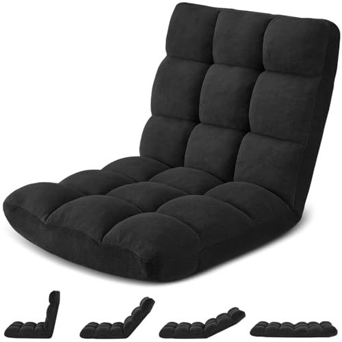 Avocahom Folding Floor Gaming Chair, 14-Position Adjustable Backrest, Skin-Friendly Flannel & Aluminum Alloy Frame, Ideal for Reading, Gaming, Sleeping, Black