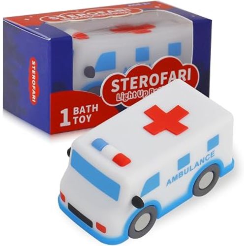 Light Up Bath Toy -Ambulance, 100% Food Grade Silicone Bathtub Toys, Shake-Activated Light Up Airplane Toy Flash & Lights Color Change, Soft & Squeezable for Kids (1 Pack)