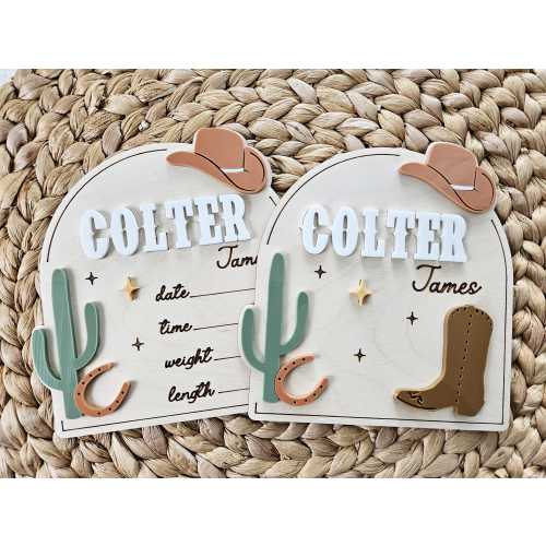 Cowboy Baby Name Sign | Newborn Birth Announcement Name Plaque | Arch Baby Arrival Hospital Sign | Newborn Footprint Plaque