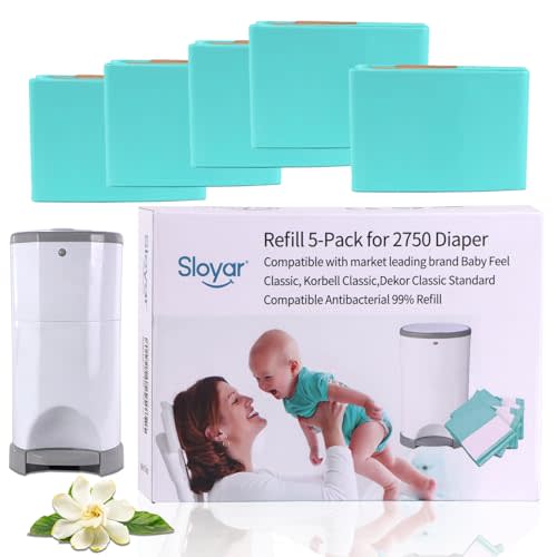 Sloyar Refills Compatible with DEKOR PLUS Diaper Pails/5 Pack/Versatile and Functional/Suitable for Seniors and Infants/Baby Powder Fragrance/Holds up to 2750 Diapers