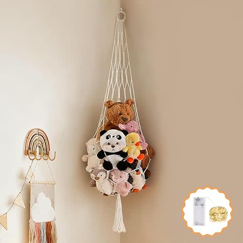 Stuffed Animal Hammock Corner Net with LED Light Plushies Storage Hammock for Stuffed Animals Boho Room Decor Macrame Wall Decor