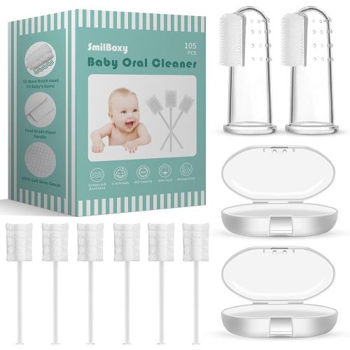 105 Pieces Baby Tongue Cleaner + 2 PCS Finger Toothbrush Soft Gauze Baby with Box Disposable Tongue Cleaner Infants Oral Mouth Cleaner Newborn Care 0-36 Month Infants