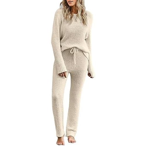 luvamia Women's Casual Pajama Set Fuzzy Fleece Knitted Long Sleeve Pj Loungewear