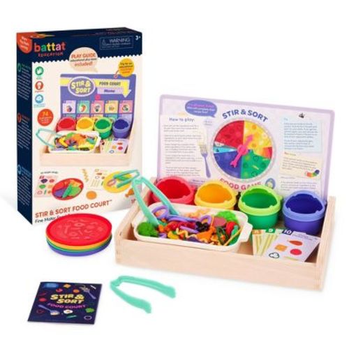 Battat Education Stir & Sort Fine Motor Food Court: 102 Piece Toy Kitchen Set for Learning Shapes & Motor Skills
