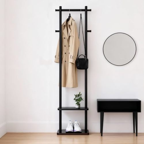 Wooden Coat Rack Freestanding,Hall Tree with Sturdy Base,Clothing Rack for Hanging Clothes,Small Clothes Rack with 3 Storage Shelves,Space Saving for Entryway, Hallway, Bedroom (Natural)