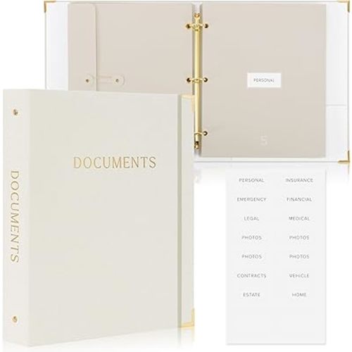 Sturdy Document Organizer Set with Folders - Beautiful Linen 3-Ring Binder Safely Stores All Important Documents & Files in One Place - Easy to Use Expanding Storage Incl. Envelopes, Pockets & Labels