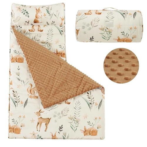 PHF Toddler Nap Mat with Removable Pillow and Minky Fleece Blanket, Rollup Design Warm Slumber Bags for Boys Girls, 52"x20"x2" Kids Sleeping Bag for Daycare Preschool Travel Camping, Woodland & Animal