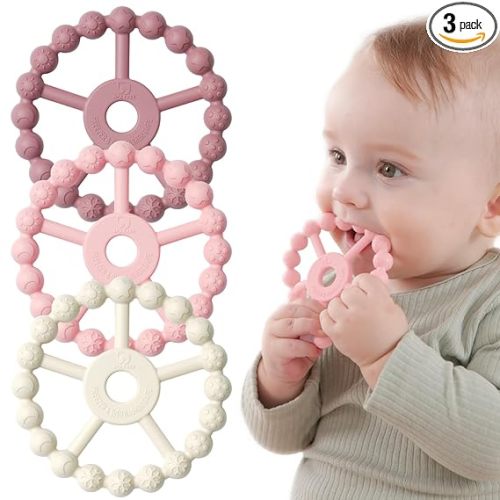 3 Pack Ring Teether Baby Infant Toys, Baby Essentials, Silicone Teething Ring Toys for Babies 0-6 Months, Seposeve Toddler Teethers 6-12 Months 12-24 Months, Infant Teething Relief, Purple Pink White