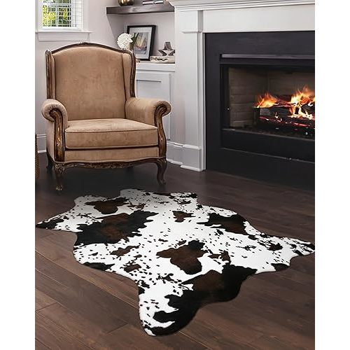 Cow Print Rug Western Decor: 3.6x2.5ft Faux Cowhide Animal Carpet Small Fun Home Decorations for Bedroom Living Room Nursery Wall Table White and Brown