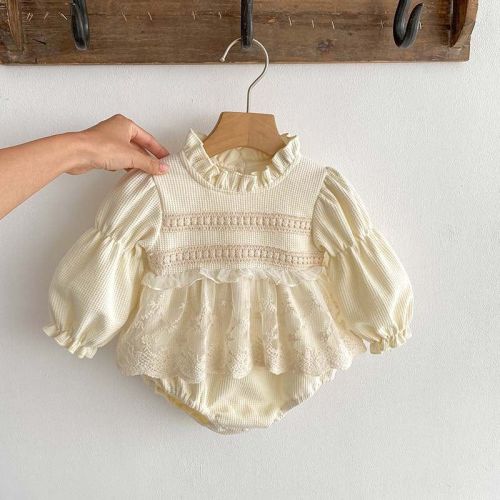MyKids-USA Baby Girls Long Sleeves Embroidery Lace Trim bodysuit Beige 73 6-9M
