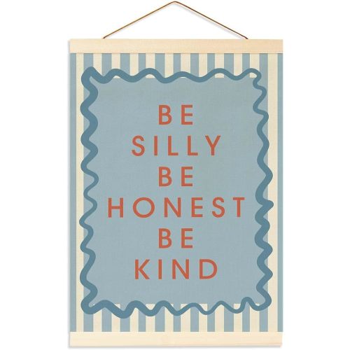 Inspirational Wall Art Banner for Toddler Room Decor, Preppy Blue Striped Poster, Teenage Boy's Room Decor, Playroom, and Bedrooms, Be Silly Be Honest Be Kind Flag Banner
