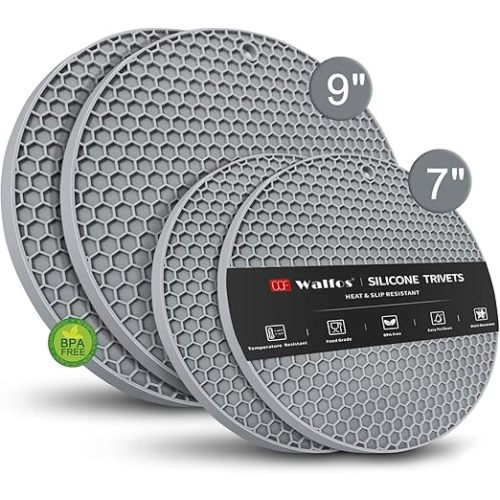 Silicone Trivet Mats - Walfos Heat Resistant Pot Holders Set, 4pcs 2 Sizes 7 Inch & 9 Inch, Multipurpose Non-Slip Hot Pads for Hot Pot, Hot Dishers, Jar Opener, Food Grade & BPA Free (Nordic Grey)