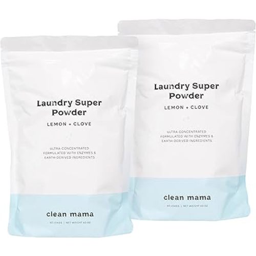 Clean Mama Laundry Super Powder Detergent - Extra Strength Laundry Detergent Powder - Natural Laundry Detergent for Sensitive Skin - Enzyme Powered, Fights Stains & Odors - Lemon + Clove, 60 Loads