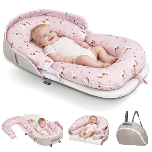 4-in-1 Infant Support Cushion for Newborns 0-24 Months, Portable & Foldable | Soft Breathable Baby Cushion for Diaper Changing, Tummy Time, Supported Sitting & Play, Machine Washable Cover, Pink Horse